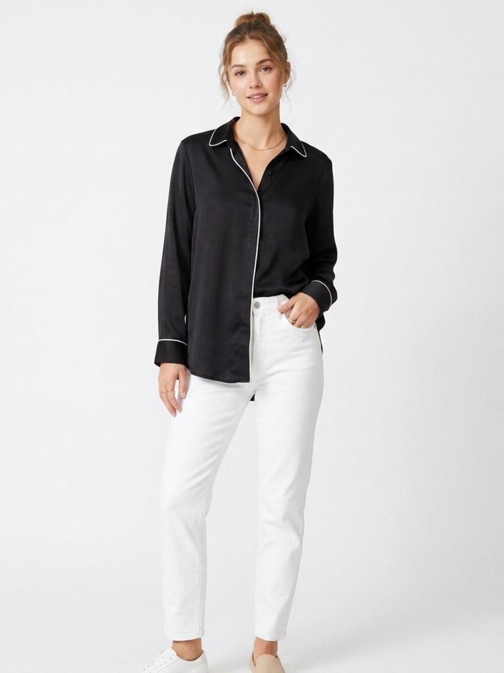*Joe Fresh Black Satin Pajama Top White Piping Button Down Size M